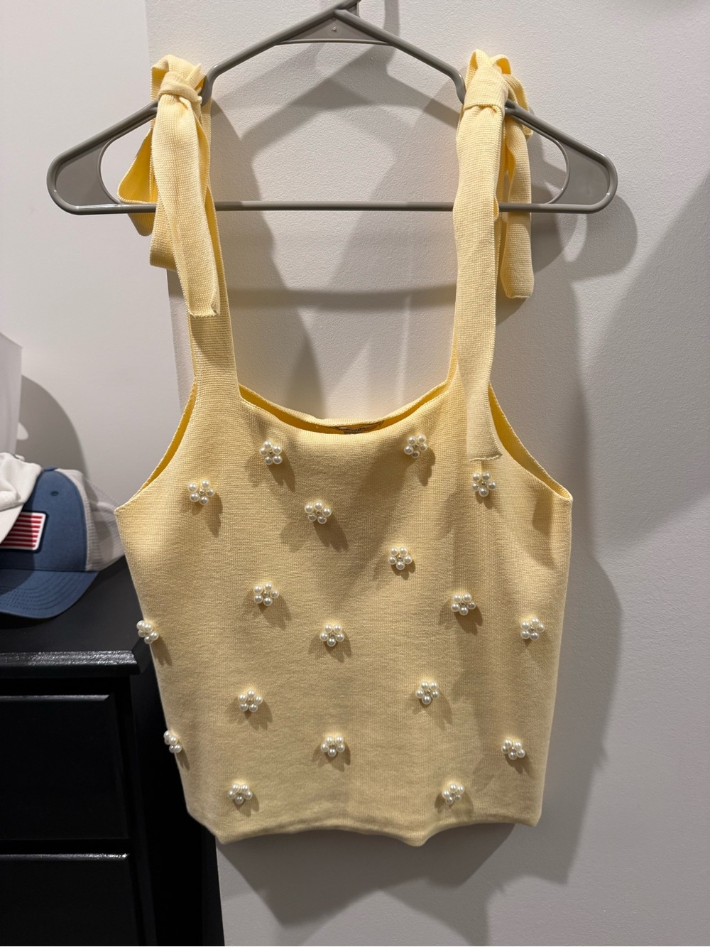 Butter Yellow Tie-Shoulder Pearl-Embellished Tank Top - Picture 2 of 4